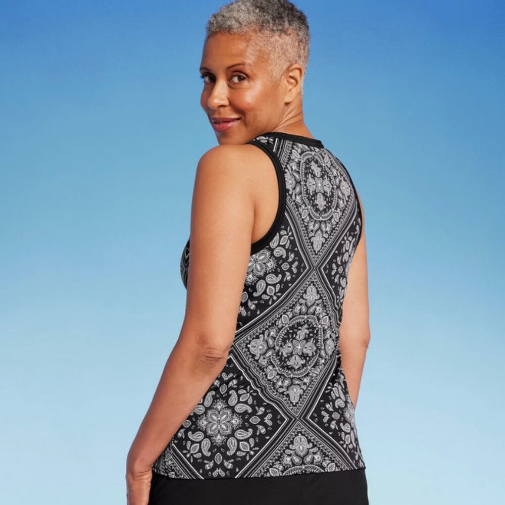 Lands' End Women's UPF 50 Bandana Print High Neck Tankini Top - Black M - Picture 2 of 5